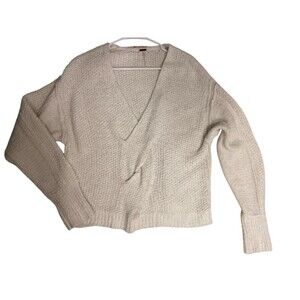 Free People Coco Twist Front Sweater In White Sz Medium Cotton Oversized V-Neck‎